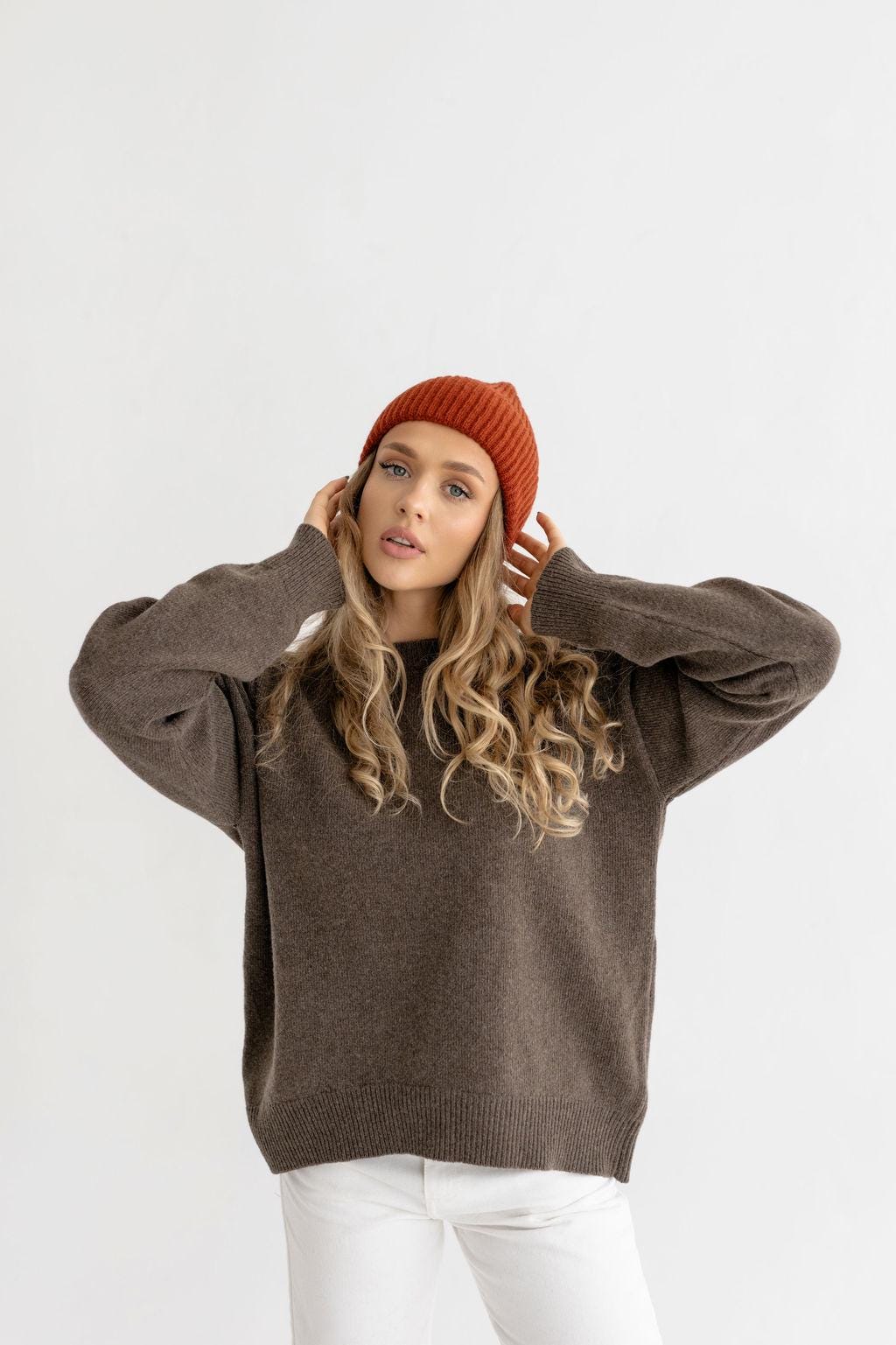 Orange Ribbed Knit Merino Wool Women's Fall Winter Hat
