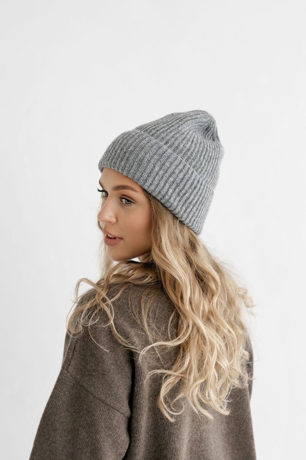Light beige Ribbed Knit Merino Wool Women's Fall Winter Hat