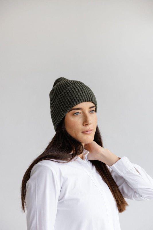 Green Ribbed Knit Merino Wool Women's Fall Winter Hat