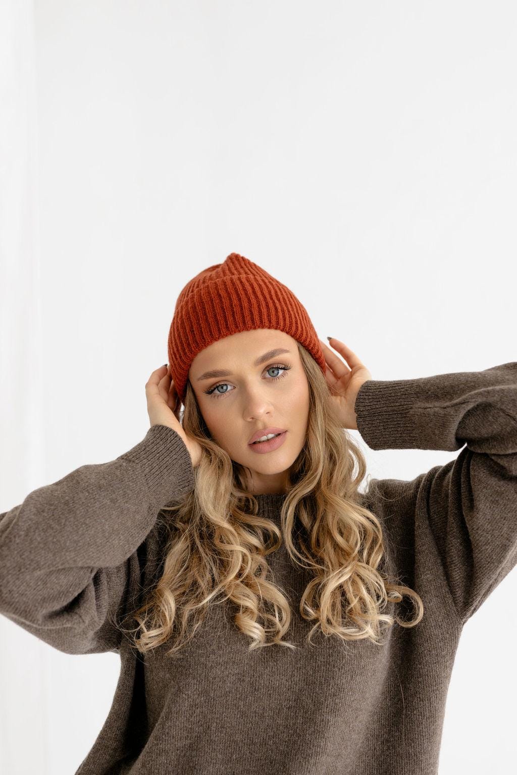 Orange Ribbed Knit Merino Wool Women's Fall Winter Hat