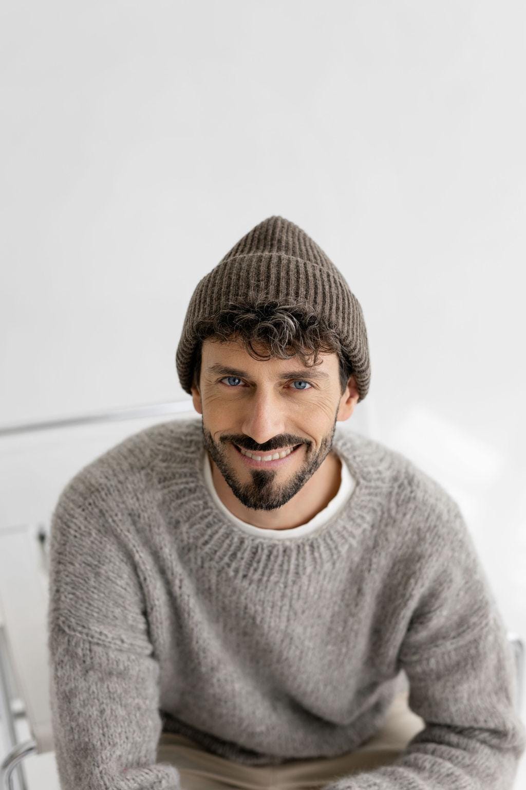 White Ribbed Knitted Merino Wool Men's Fall Winter Beanie Hat