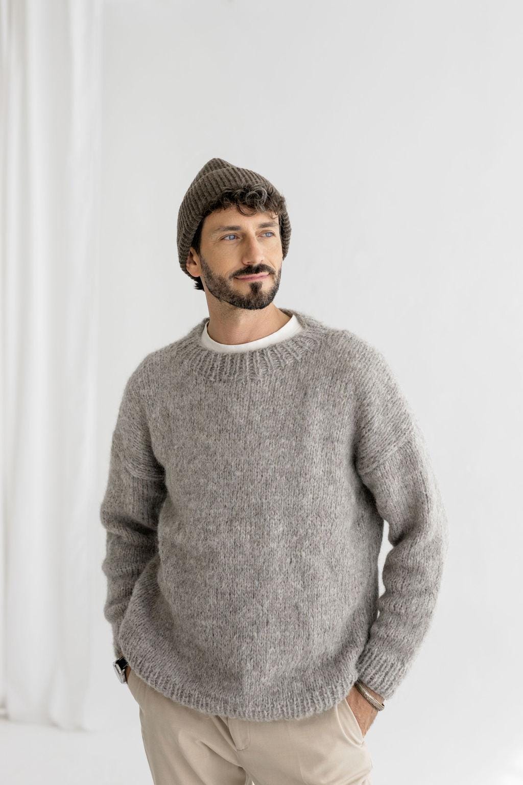White Ribbed Knitted Merino Wool Men's Fall Winter Beanie Hat