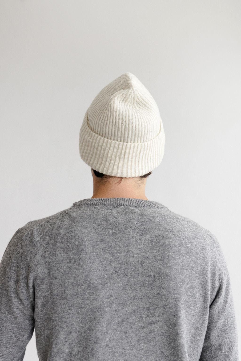 White Ribbed Knitted Merino Wool Men's Fall Winter Beanie Hat