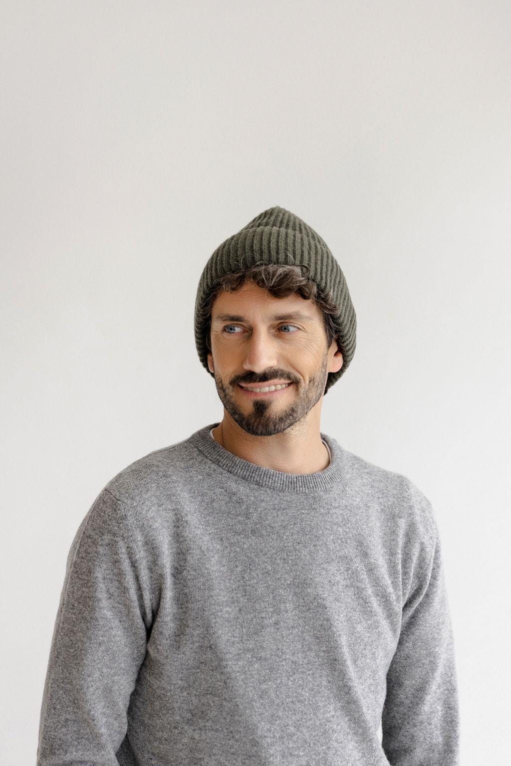 White Ribbed Knitted Merino Wool Men's Fall Winter Beanie Hat