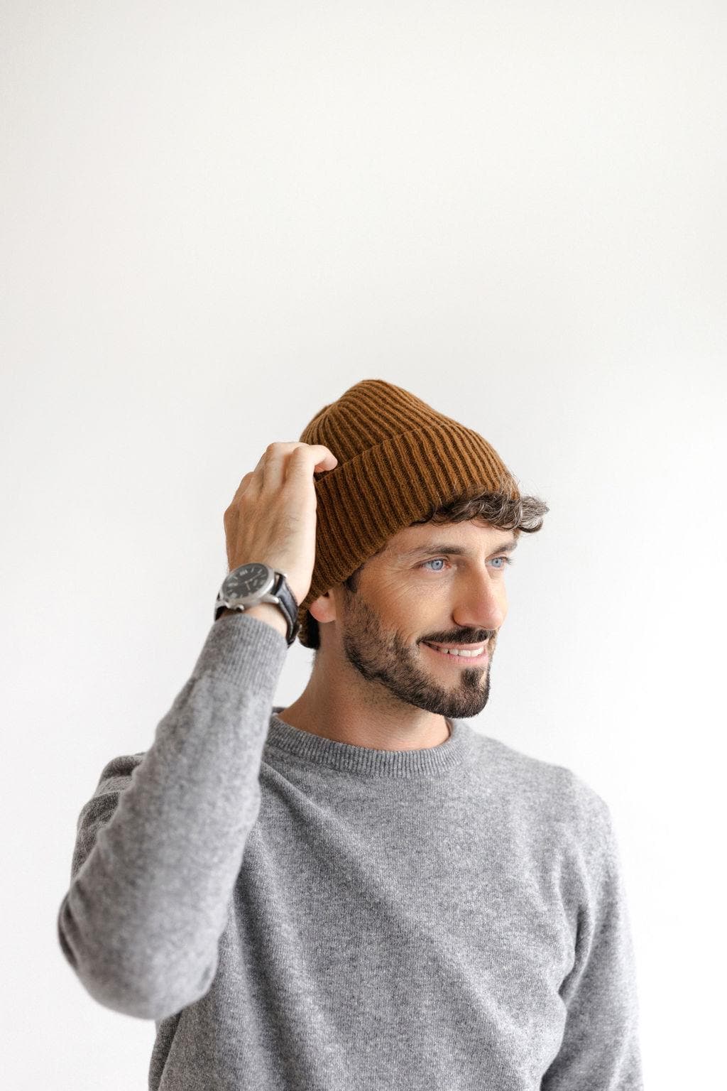 Toffee Brown Ribbed Knitted Merino Wool Men's Fall Winter Hat
