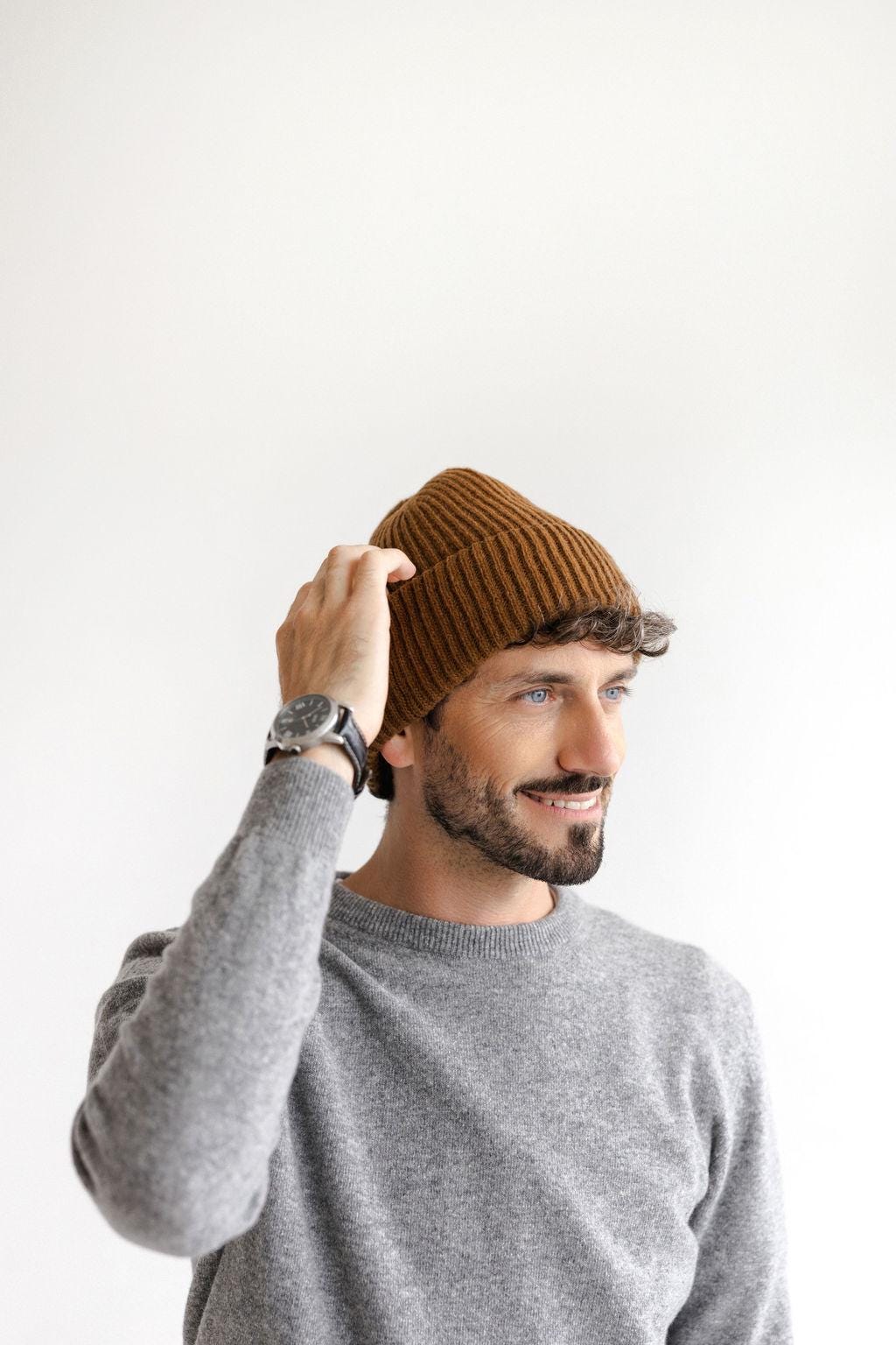 Black Ribbed Knitted Merino Wool Men's Fall Winter Beanie Hat