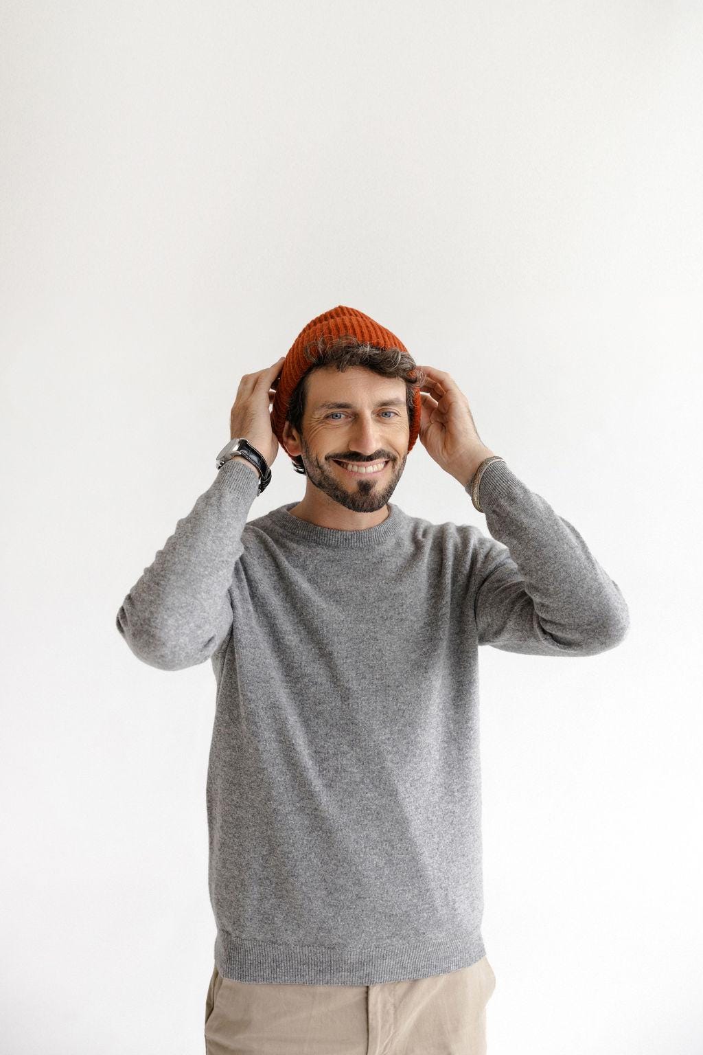 White Ribbed Knitted Merino Wool Men's Fall Winter Beanie Hat
