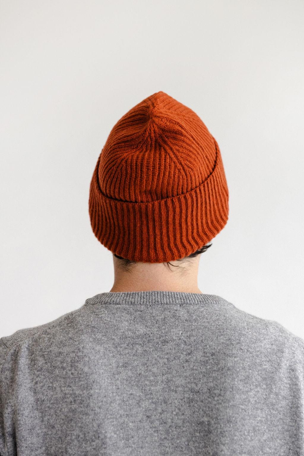 Burned Orange Ribbed Knitted Merino Wool Men's Fall Winter Beanie, Rust Woolen Fisherman Hat