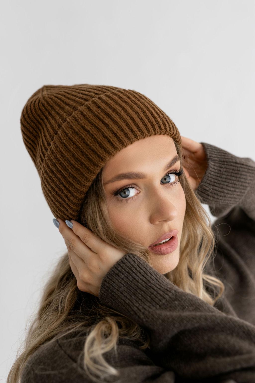 Beige knitted merino wool and cashmere hat for women, pastel sand ribbed knit minimalist beanie, camel classy fisherman hat, perfect gift