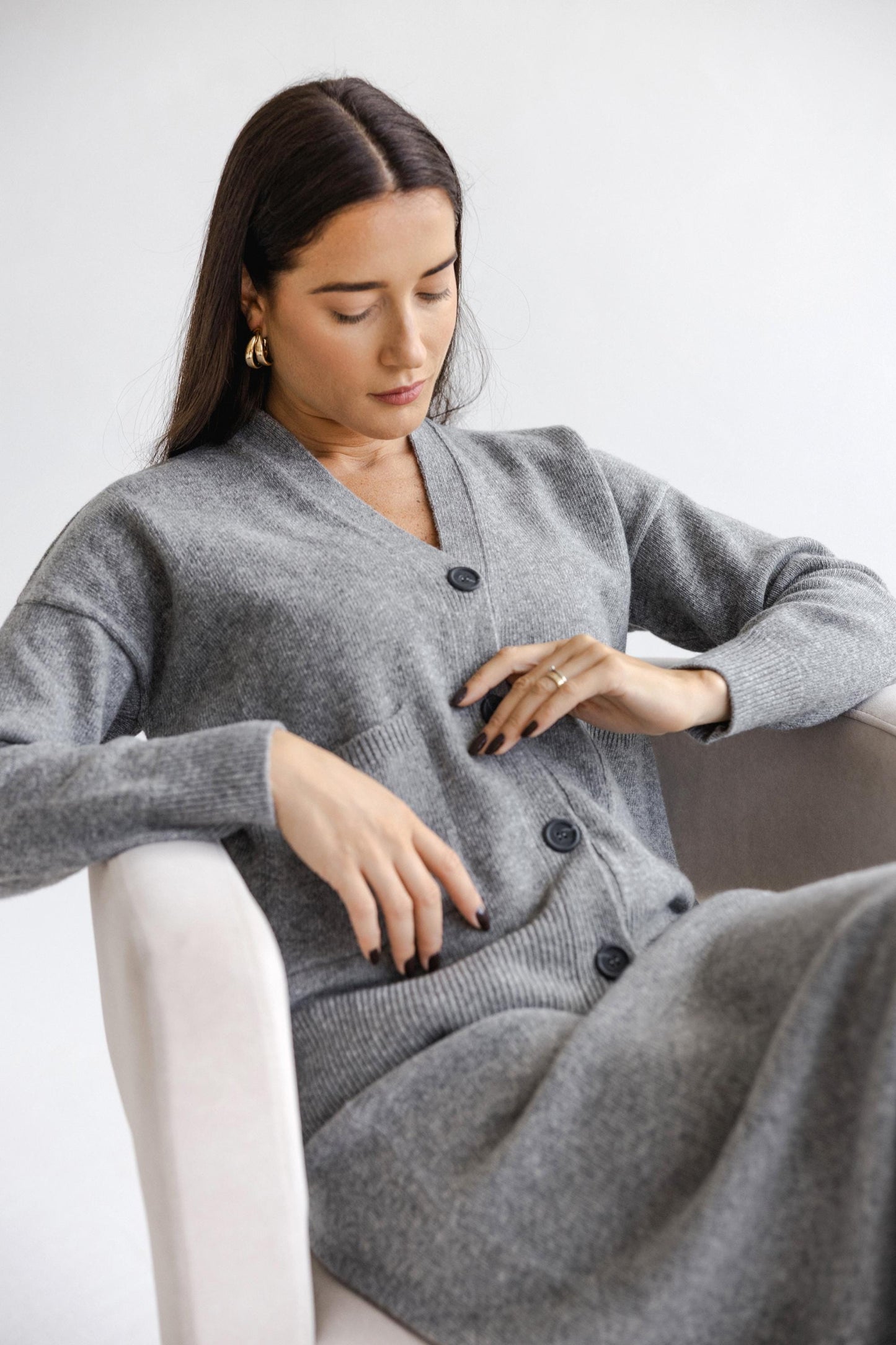 Gray Wool Cardigan With Pockets And Long Skirt Set For Women