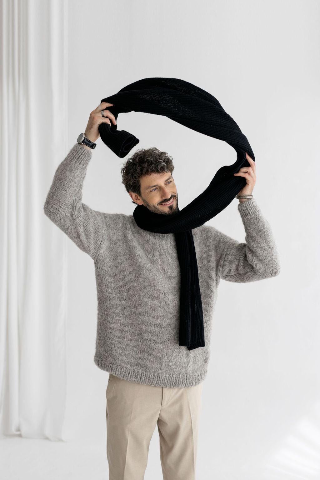 Long Soft Black Ribbed Knit Merino Wool Men's Scarf And Hat Set, Knitted Fall Winter Neck Warmer And Beanie Set, Gift For Boyfriend, Friend