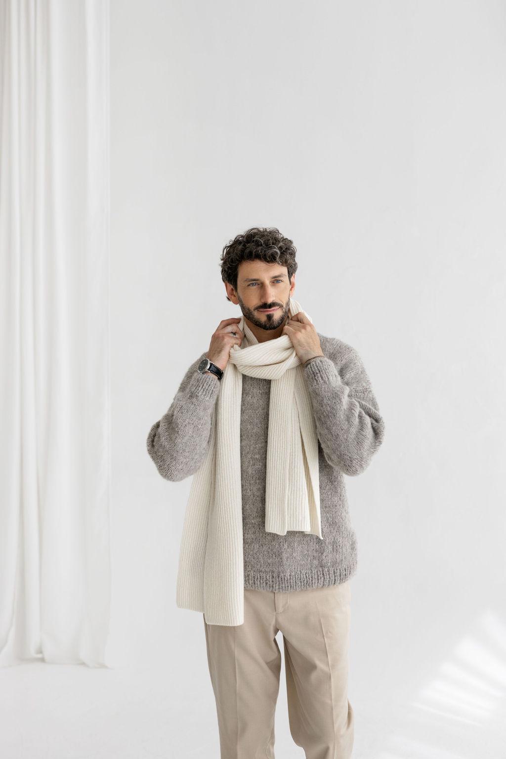 Long Soft Beige Ribbed Knit Merino Wool Men's Scarf And Hat Set, Camel Knitted Fall Winter Neck Warmer And Beanie Set, Gift For Boyfriend