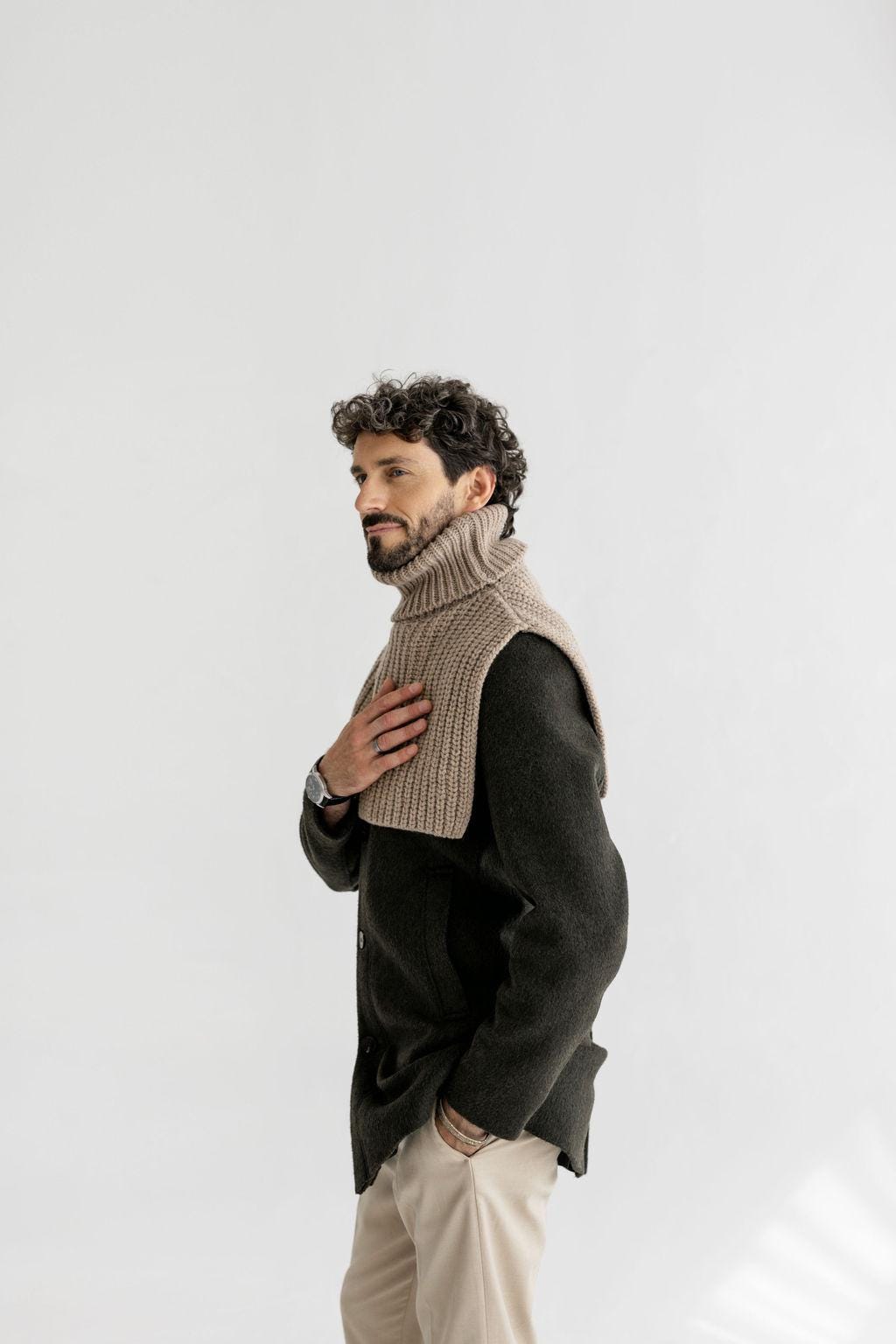 Chunky Knit Gray Merino Wool Men's Neck Warmer, Warm Grey Ribbed Knitted Minimal Fall Winter Scarf, Taupe Unisex Neck Wrap, Gift For Him