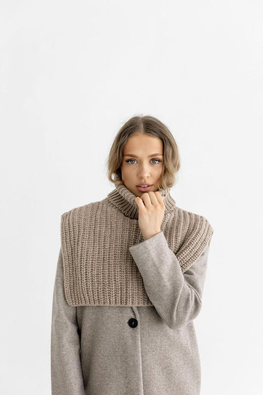 Chunky Knit Beige Merino Wool Women's Neck Warmer, Warm Camel Ribbed Knitted Minimal Fall Winter Scarf, Taupe Unisex Neck Wrap, Gift For Her