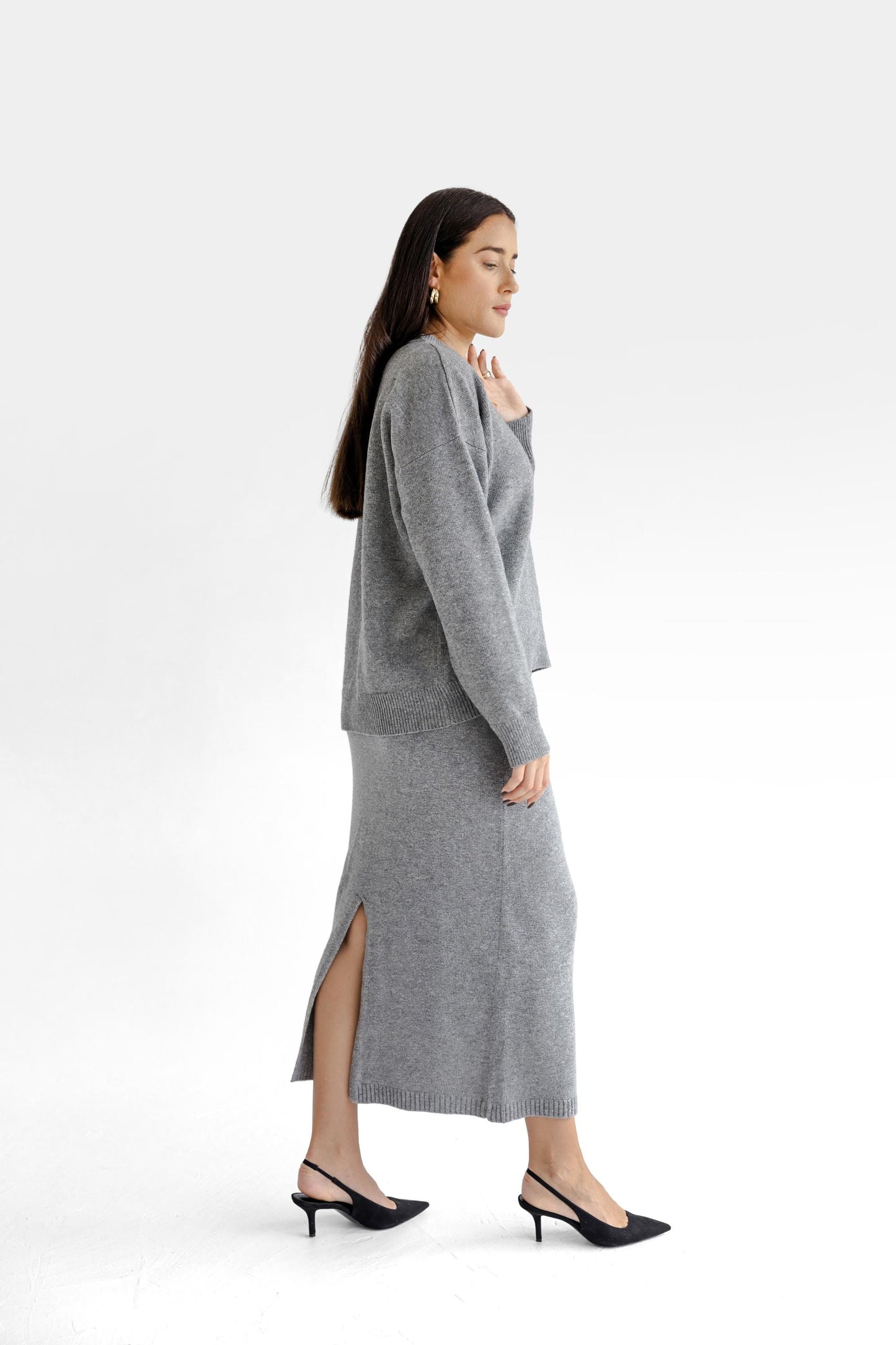 Beige Knitted Classic Style Merino Wool Maxi Pensil Skirt With Back Slit For Women, Camel Light Grey Slim Fit High Waist Long Fall Skirt