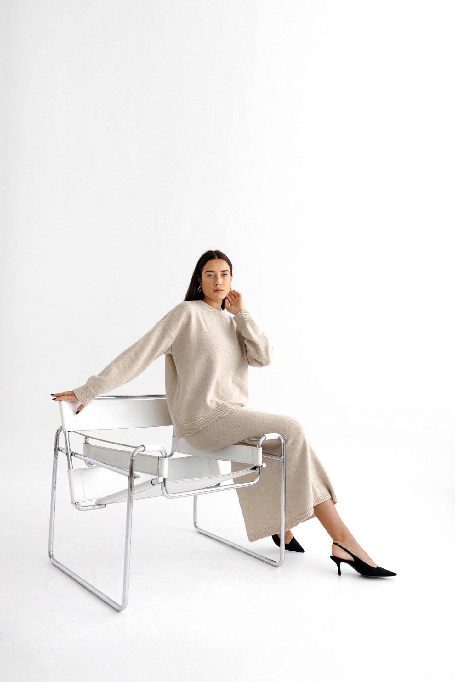 Beige Knitted Merino Wool Oversized Sweater With Classic Style Maxi Pensil Skirt With Back Slit Set For Women, Oat High Waist Long Skirt Set