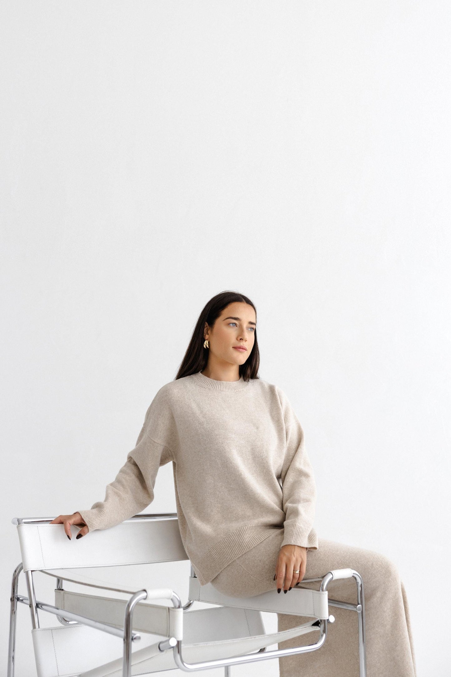 Beige Knitted Merino Wool Oversized Sweater With Classic Style Maxi Pensil Skirt With Back Slit Set For Women, Oat High Waist Long Skirt Set