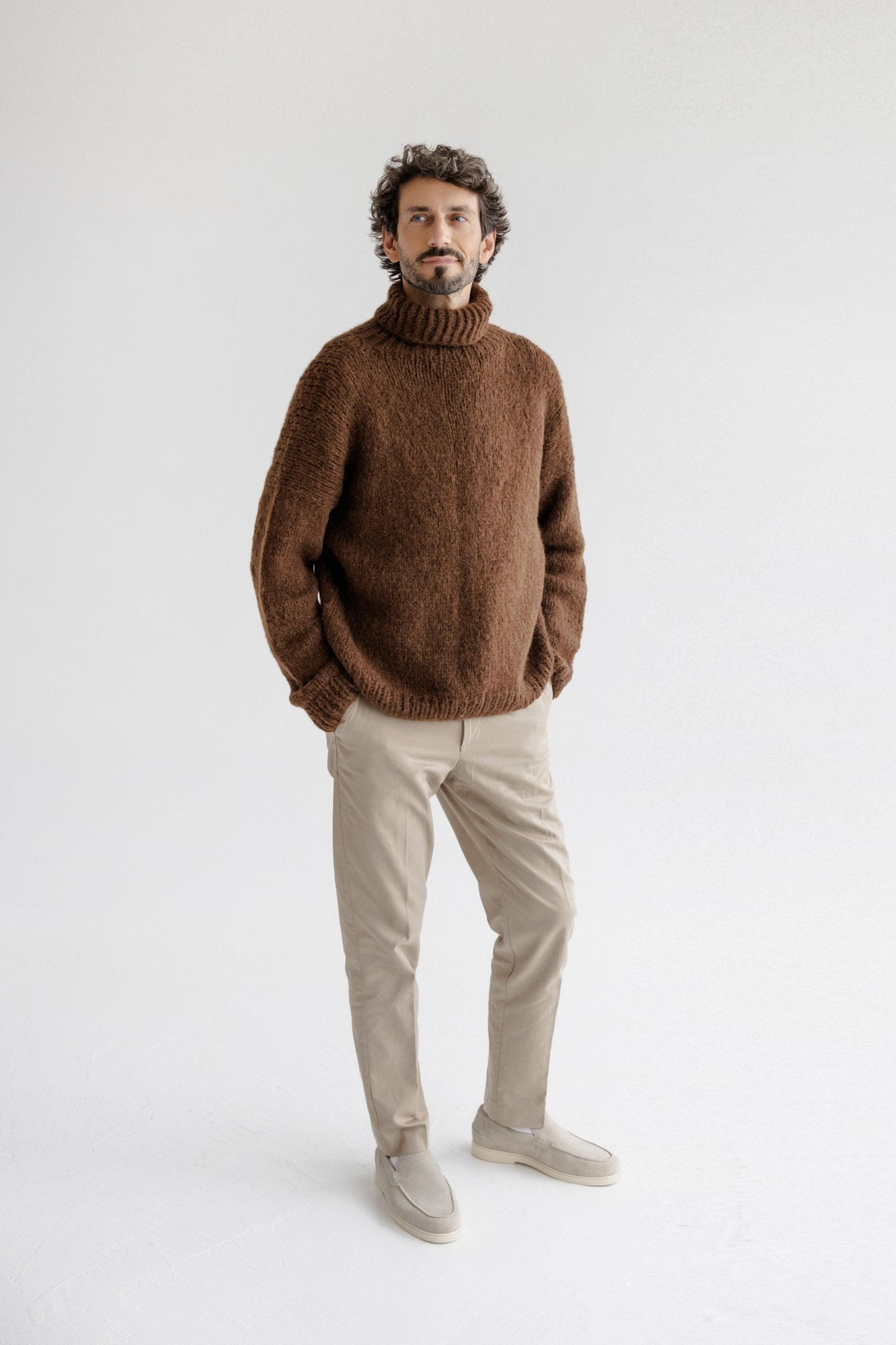 Chunky knit brown alpaca wool turtleneck sweater for men, cable knitted woolen men's polo neck jumper,handmade thick high roll-neck pullover