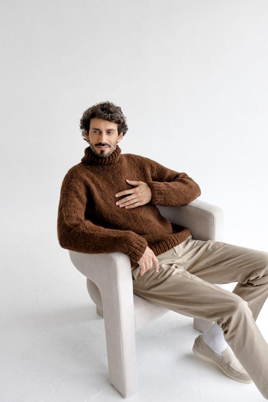Chunky knit brown alpaca wool turtleneck sweater for men, cable knitted woolen men's polo neck jumper,handmade thick high roll-neck pullover