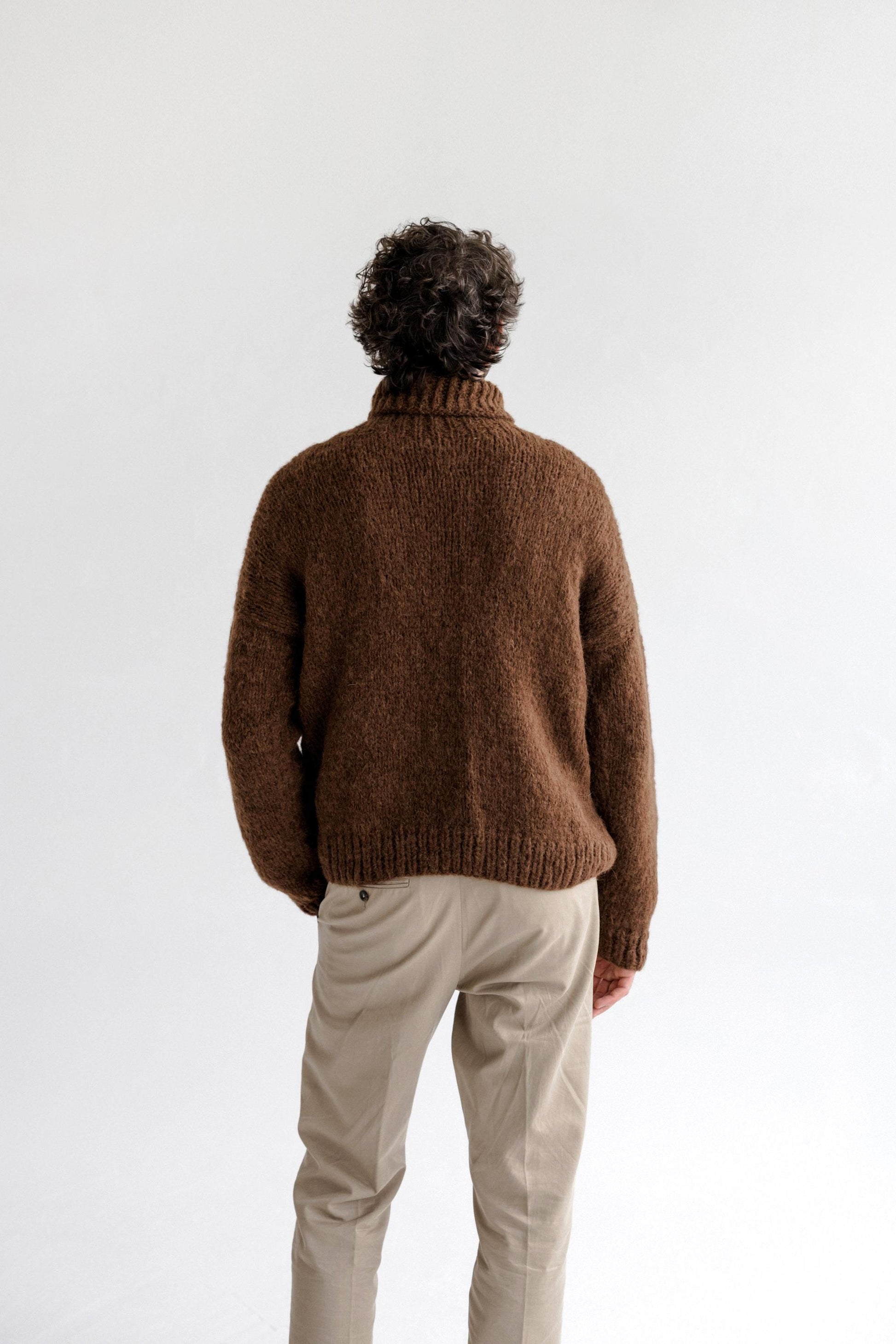 Chunky knit brown alpaca wool turtleneck sweater for men, cable knitted woolen men's polo neck jumper,handmade thick high roll-neck pullover