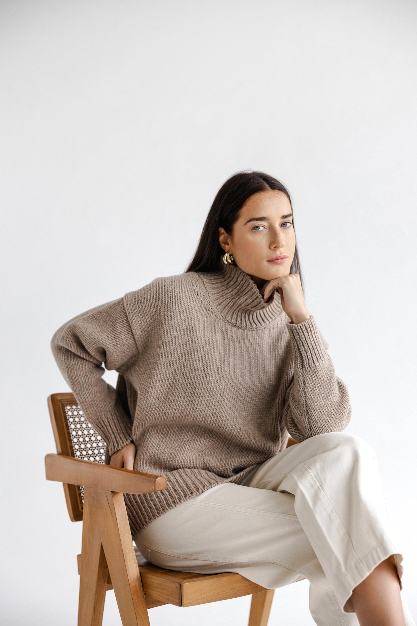Gray Chunky Knitted Oversized Merino Wool Pullover With High Neck, Grey Cable Knit Woolen Turtleneck Sweater With Longer Back,Women's Jumper
