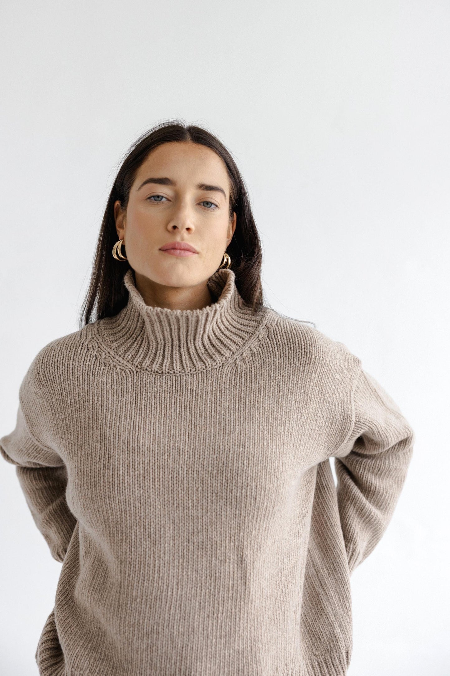Gray Chunky Knitted Oversized Merino Wool Pullover With High Neck, Grey Cable Knit Woolen Turtleneck Sweater With Longer Back,Women's Jumper