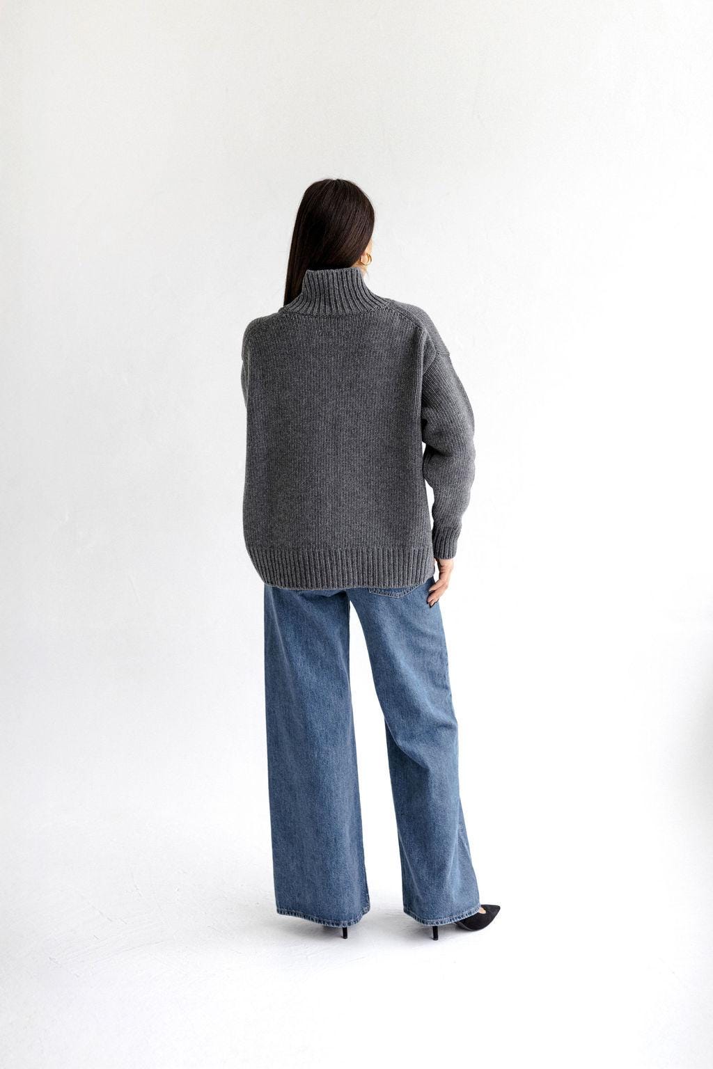 Gray Chunky Knitted Oversized Merino Wool Pullover With High Neck, Grey Cable Knit Woolen Turtleneck Sweater With Longer Back,Women's Jumper