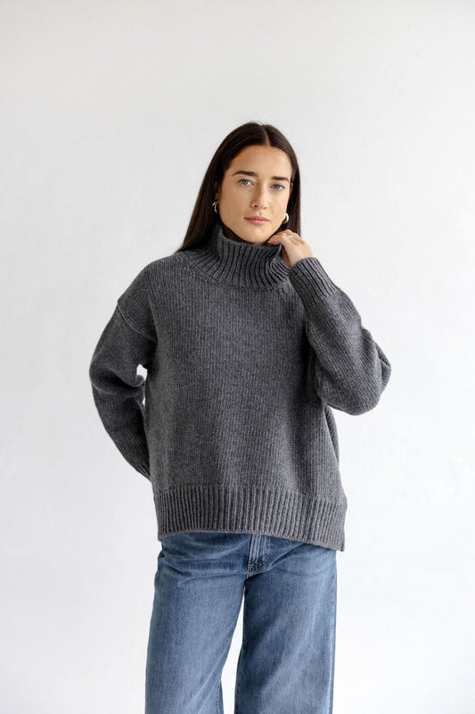 Gray Chunky Knitted Oversized Merino Wool Pullover With High Neck, Grey Cable Knit Woolen Turtleneck Sweater With Longer Back,Women's Jumper