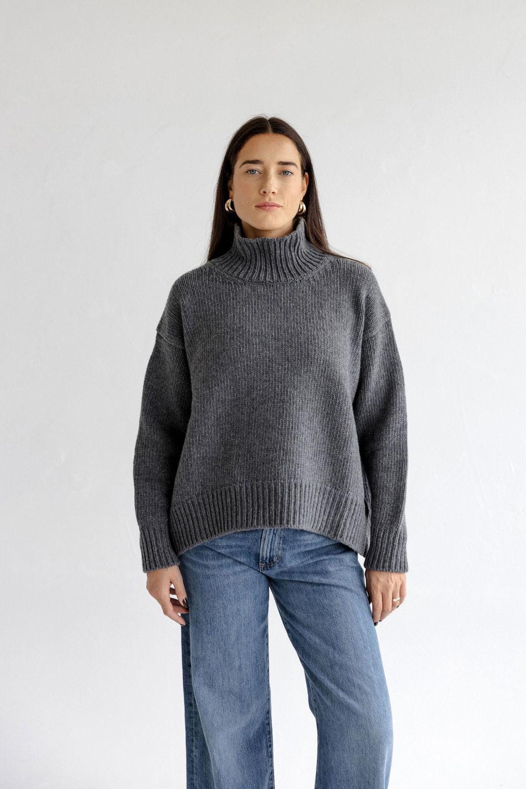 Gray Chunky Knitted Oversized Merino Wool Pullover With High Neck, Grey Cable Knit Woolen Turtleneck Sweater With Longer Back,Women's Jumper