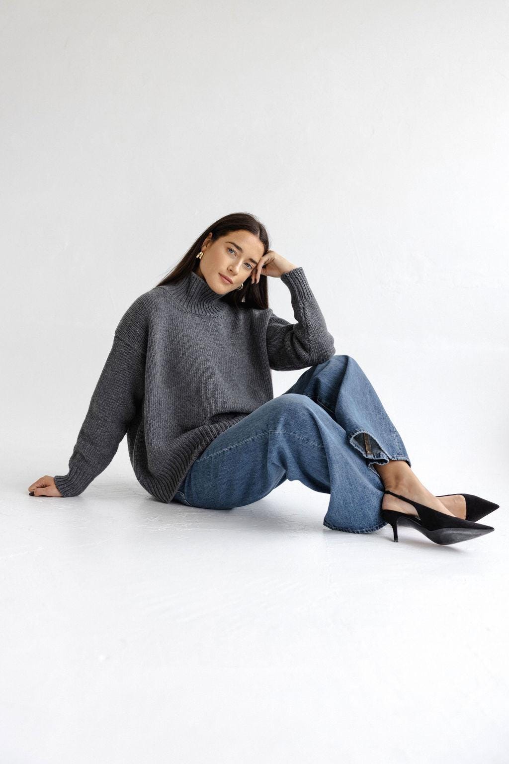 Gray Chunky Knitted Oversized Merino Wool Pullover With High Neck, Grey Cable Knit Woolen Turtleneck Sweater With Longer Back,Women's Jumper
