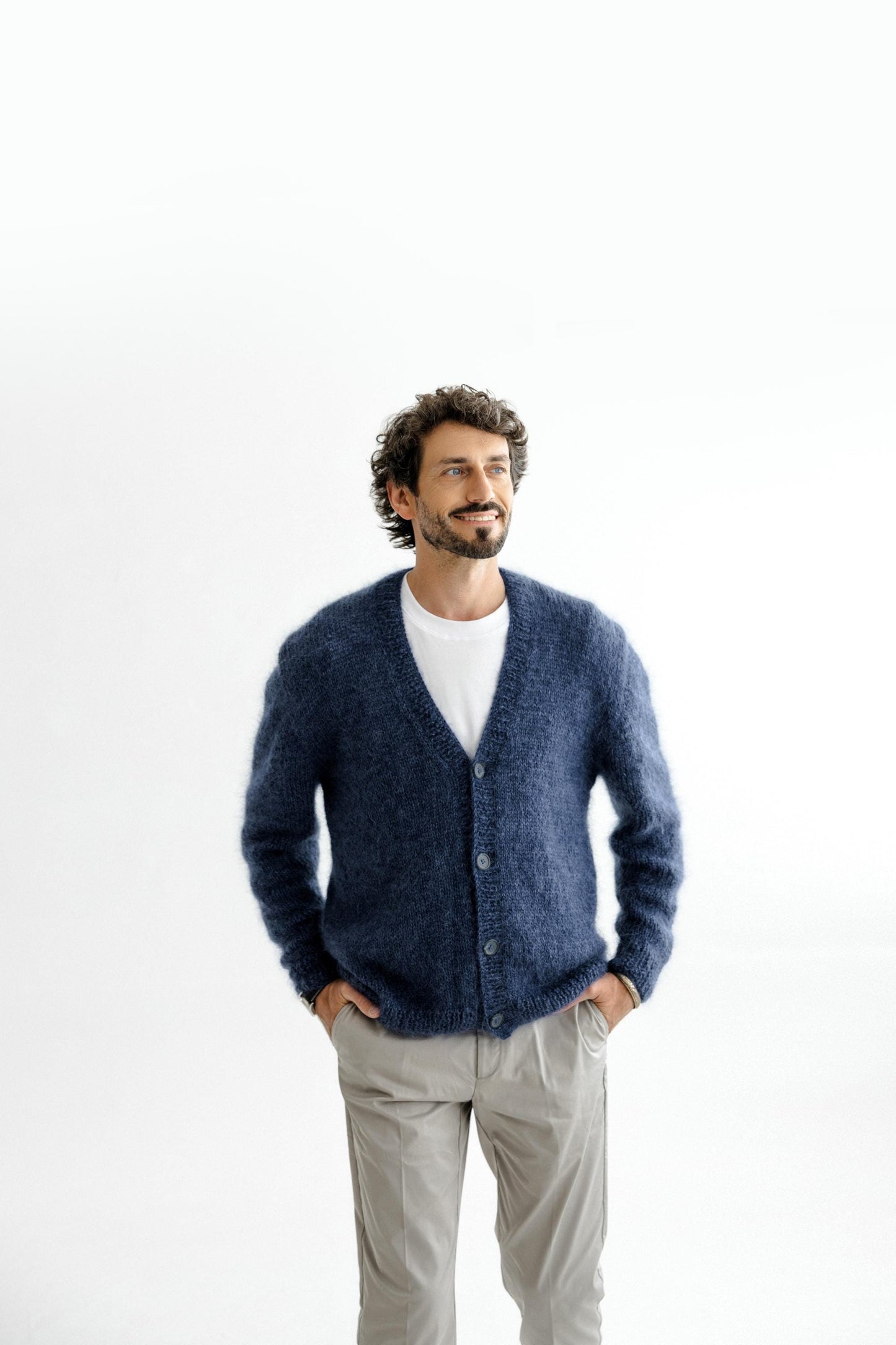 Men's Cable Knitted Blue Fluffy Mohair and Alpaca Wool Cardigan With Buttons, Handmade Fuzzy V-neck Sweater For Man, Minimal Style Gift