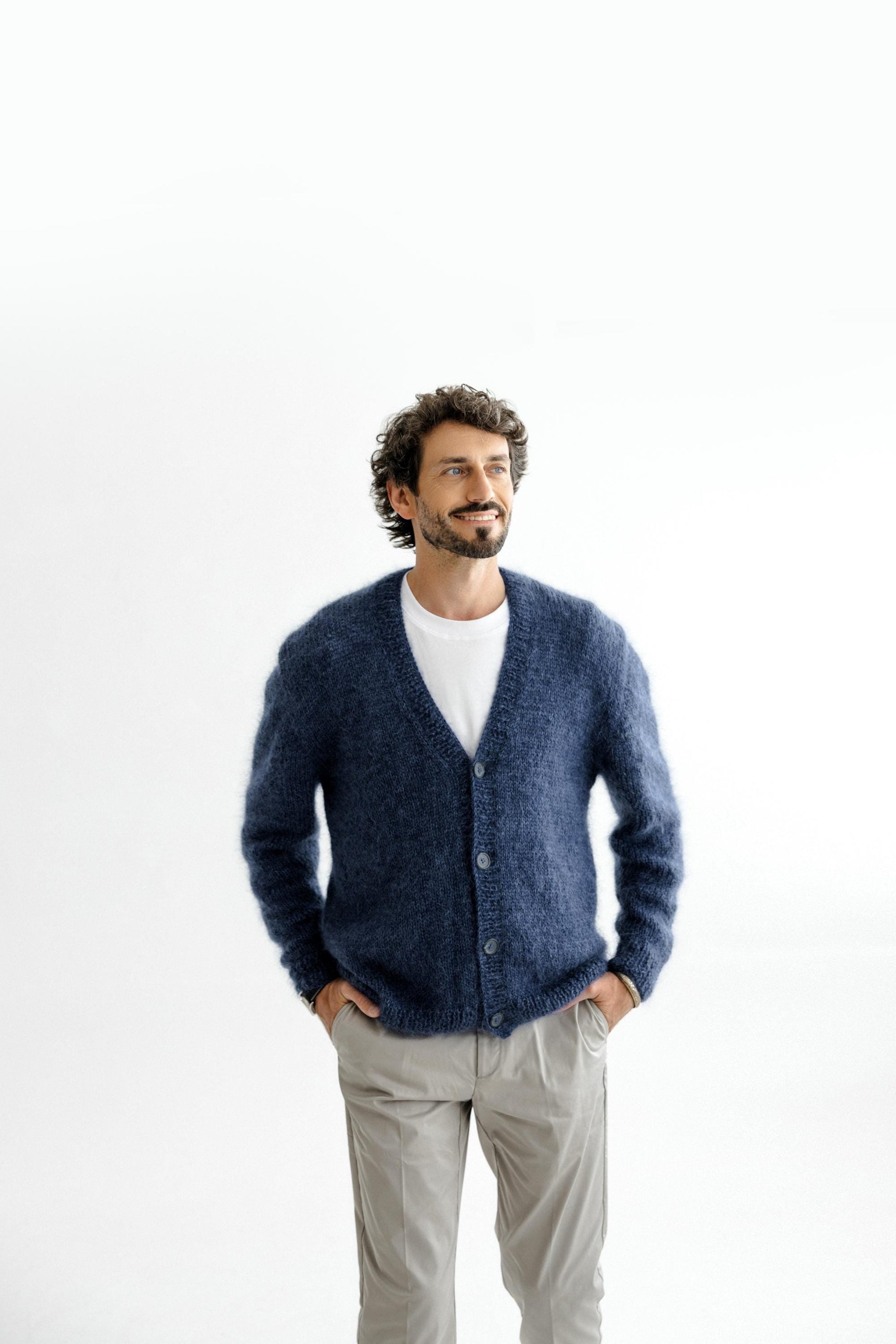 Men's Cable Knitted Blue Fluffy Mohair and Alpaca Wool Cardigan With Buttons, Handmade Fuzzy V-neck Sweater For Man, Minimal Style Gift