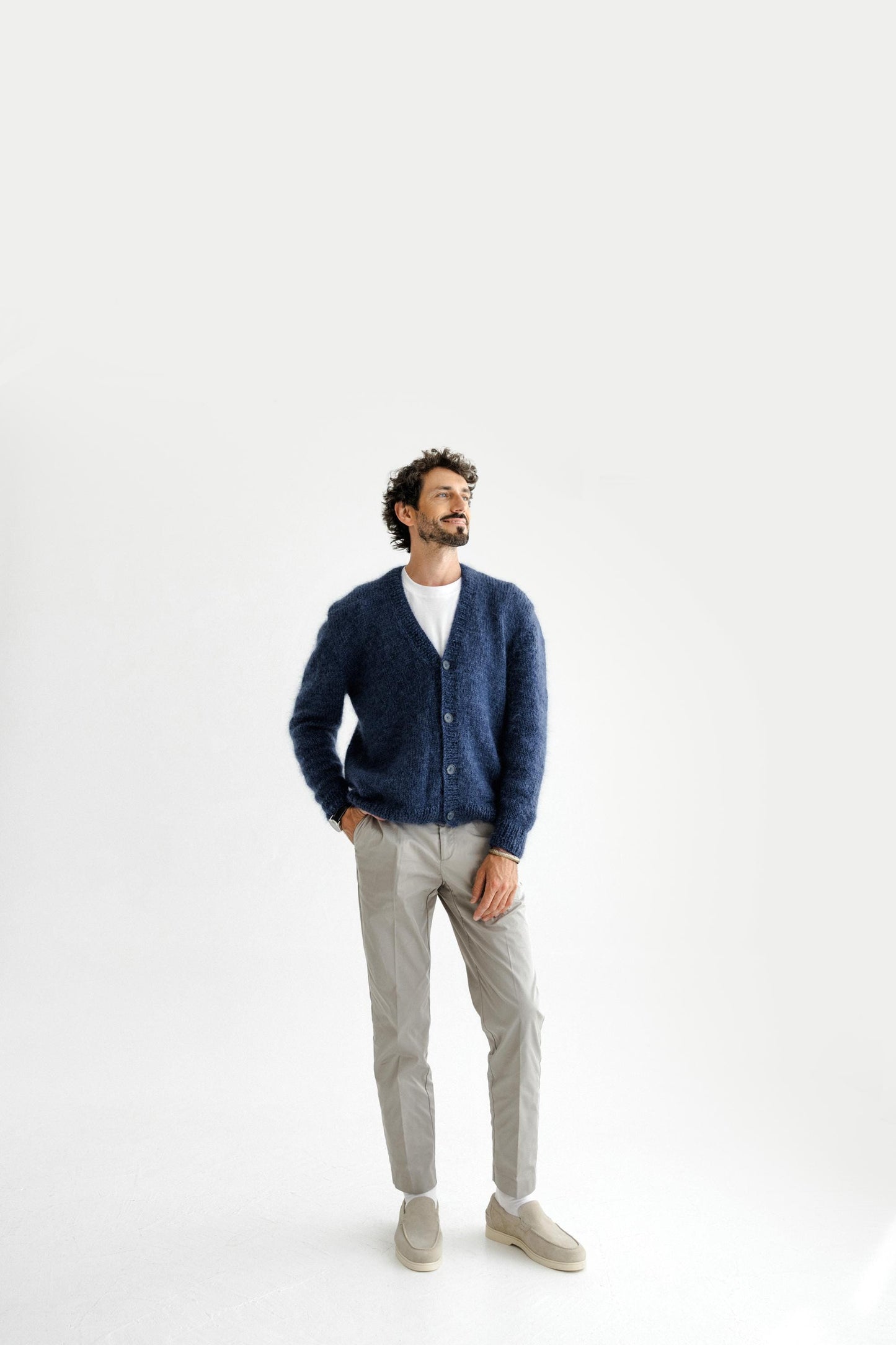Men's Cable Knitted Blue Fluffy Mohair and Alpaca Wool Cardigan With Buttons, Handmade Fuzzy V-neck Sweater For Man, Minimal Style Gift