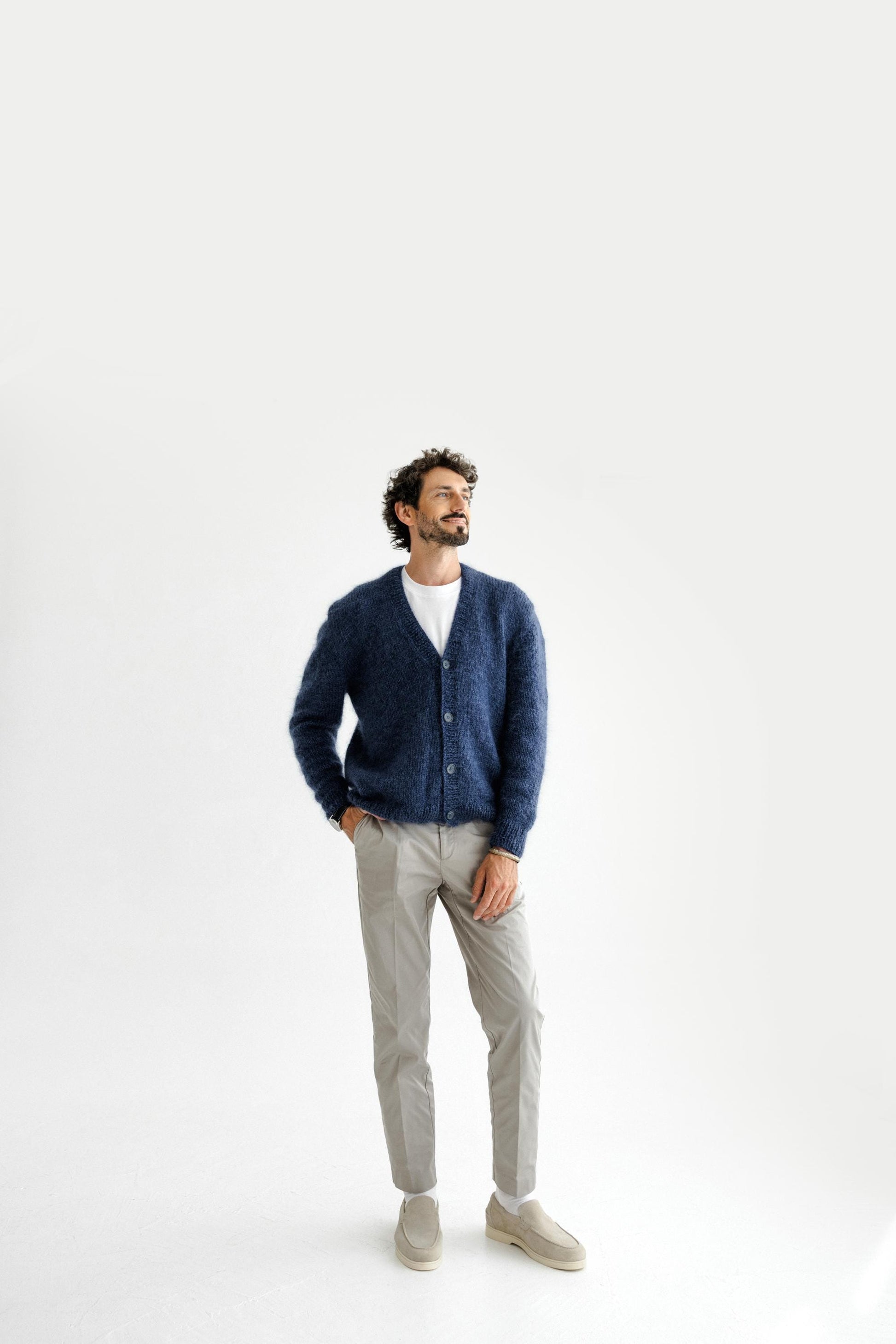 Men's Cable Knitted Blue Fluffy Mohair and Alpaca Wool Cardigan With Buttons, Handmade Fuzzy V-neck Sweater For Man, Minimal Style Gift