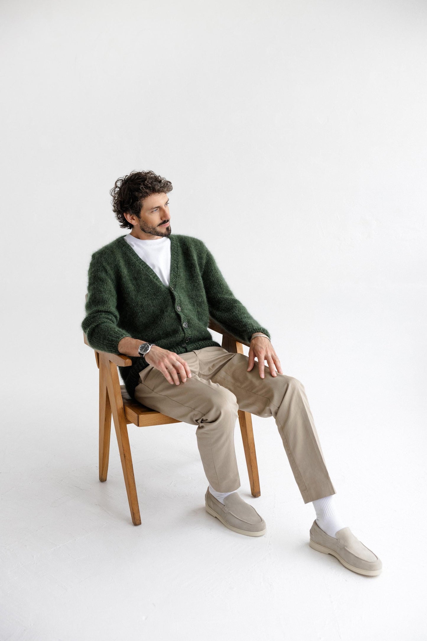 Men's Cable Knitted Green Fluffy Mohair and Alpaca Wool Cardigan With Buttons, Handmade Fuzzy V-neck Sweater For Man, Minimal Style Gift