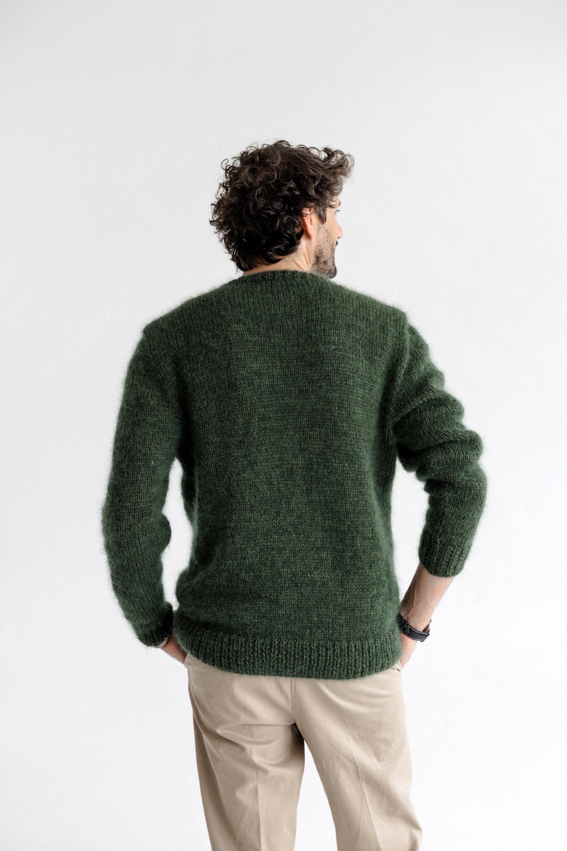 Men's Cable Knitted Green Fluffy Mohair and Alpaca Wool Cardigan With Buttons, Handmade Fuzzy V-neck Sweater For Man, Minimal Style Gift