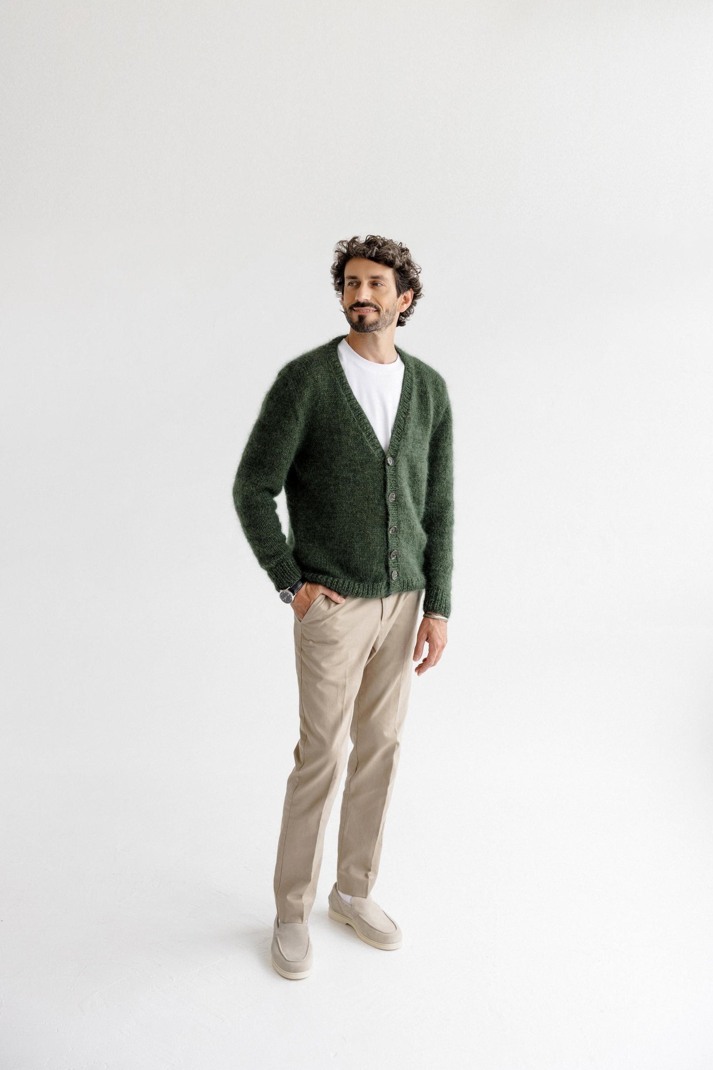 Men's Cable Knitted Green Fluffy Mohair and Alpaca Wool Cardigan With Buttons, Handmade Fuzzy V-neck Sweater For Man, Minimal Style Gift