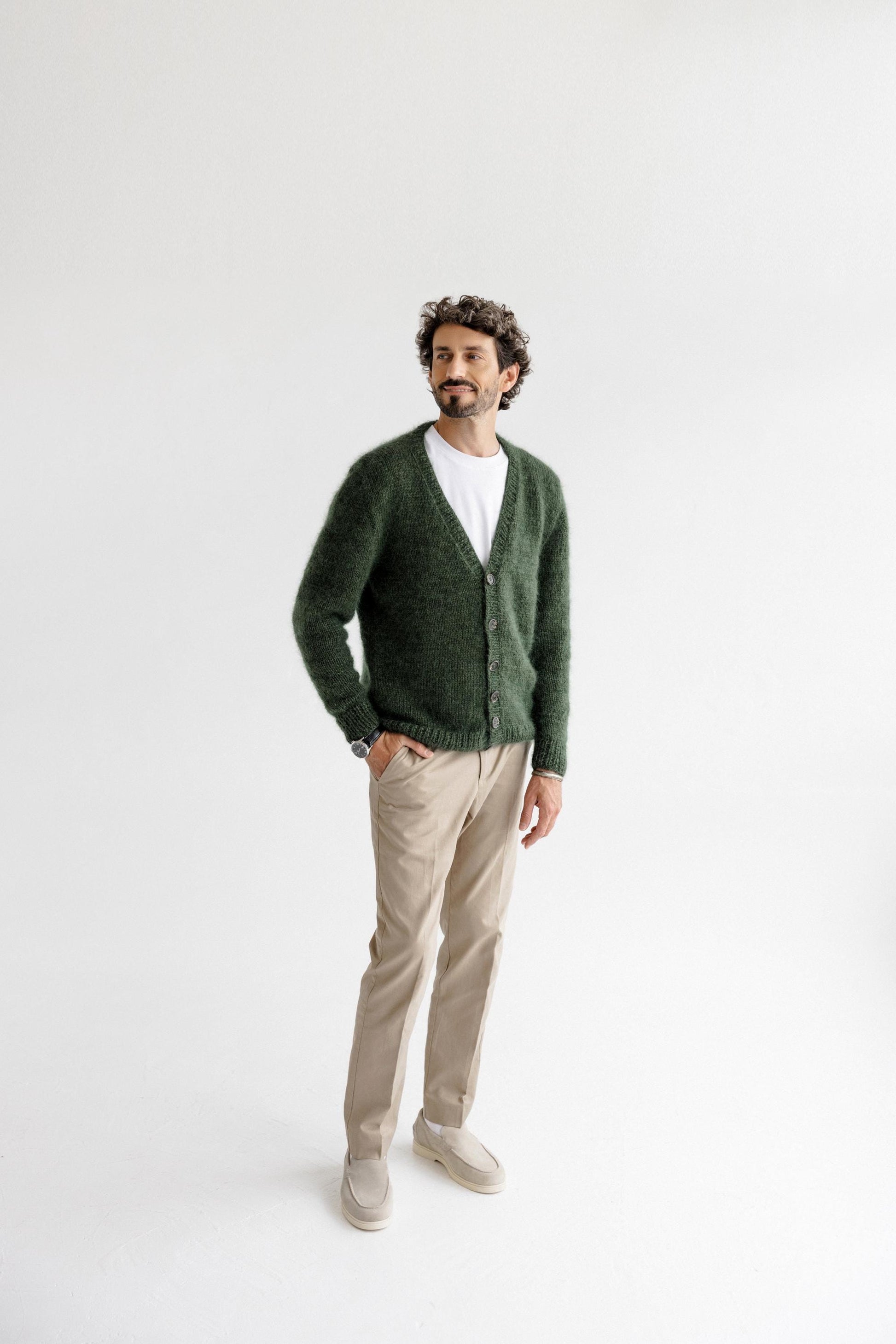 Men's Cable Knitted Green Fluffy Mohair and Alpaca Wool Cardigan With Buttons, Handmade Fuzzy V-neck Sweater For Man, Minimal Style Gift