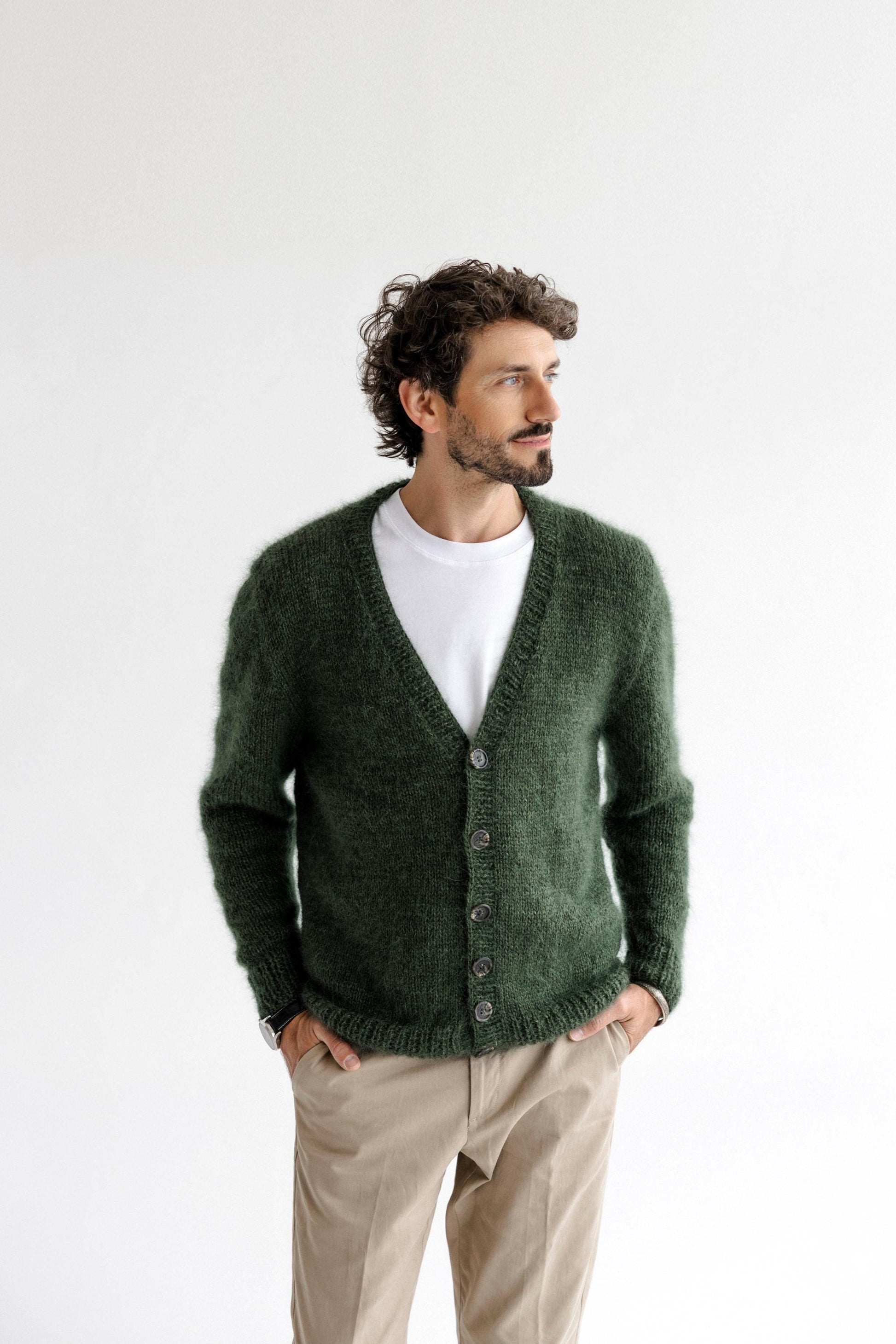 Men's Cable Knitted Green Fluffy Mohair and Alpaca Wool Cardigan With Buttons, Handmade Fuzzy V-neck Sweater For Man, Minimal Style Gift