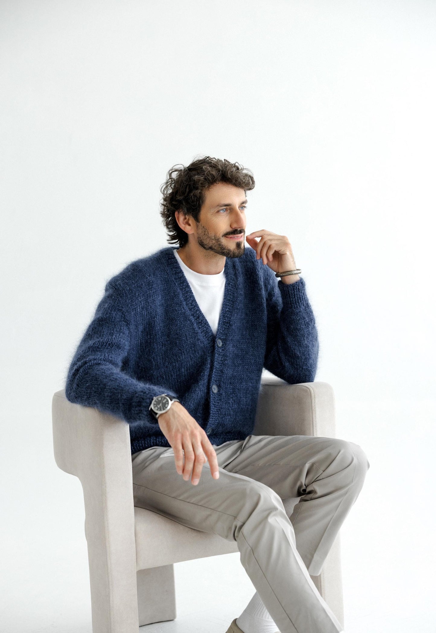 Men's Cable Knitted Blue Fluffy Mohair and Alpaca Wool Cardigan With Buttons, Handmade Fuzzy V-neck Sweater For Man, Minimal Style Gift
