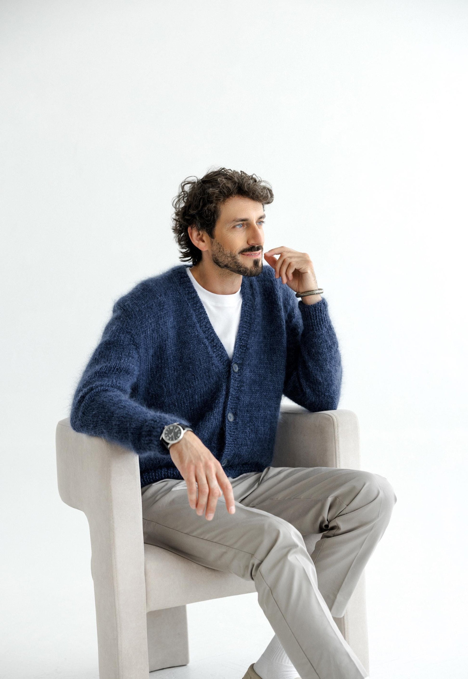 Men's Cable Knitted Blue Fluffy Mohair and Alpaca Wool Cardigan With Buttons, Handmade Fuzzy V-neck Sweater For Man, Minimal Style Gift