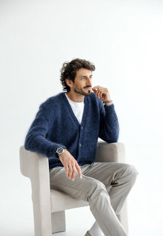 Men's Cable Knitted Blue Fluffy Mohair and Alpaca Wool Cardigan With Buttons, Handmade Fuzzy V-neck Sweater For Man, Minimal Style Gift