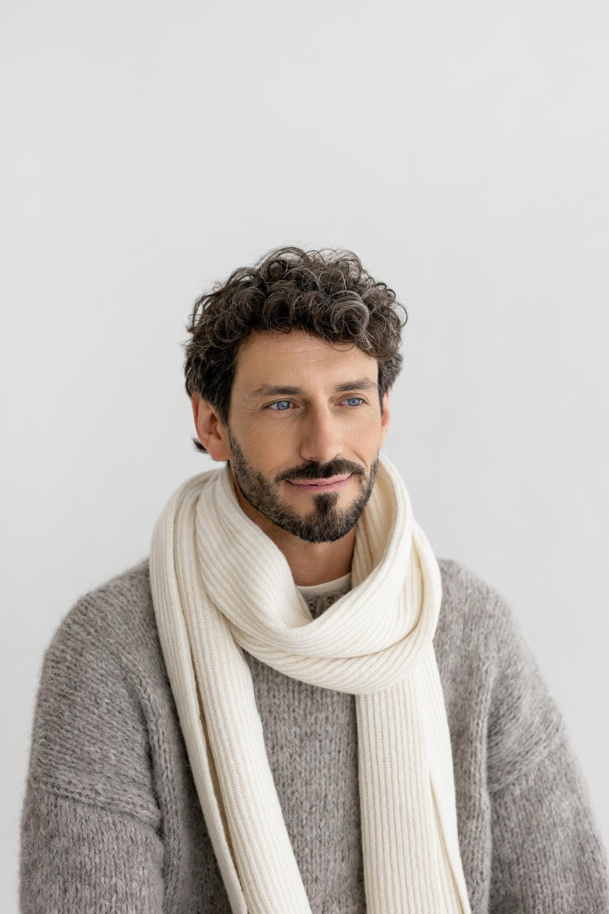 White Ribbed Knitted Merino Wool And Cashmere Long Fall Winter Men's Scarf, Milky White Warm And Soft Minimal Knit Woolen Scarves For Men