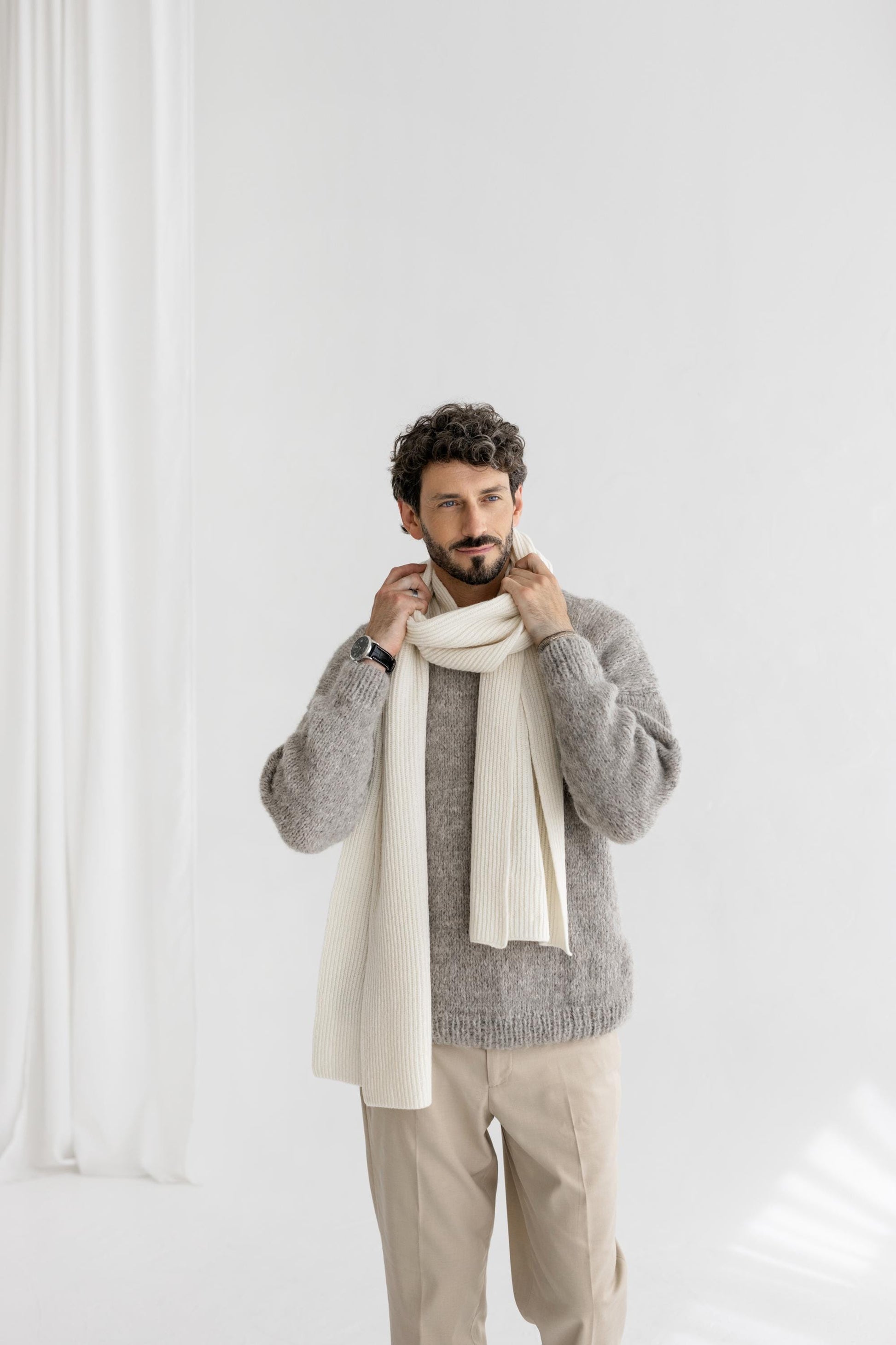 White Ribbed Knitted Merino Wool And Cashmere Long Fall Winter Men's Scarf, Milky White Warm And Soft Minimal Knit Woolen Scarves For Men