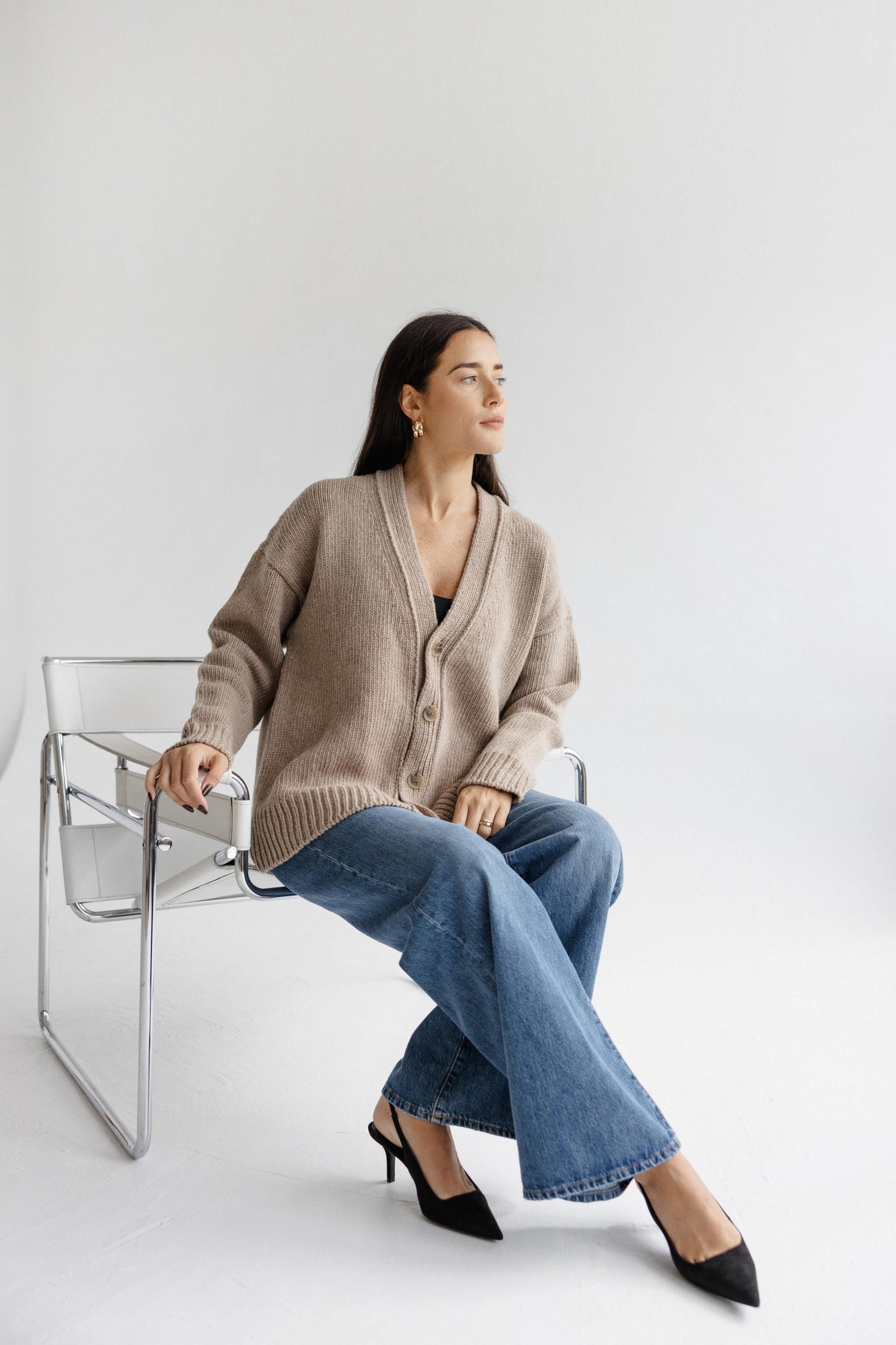Taupe Chunky Knitted Merino Wool Unisex Cardigan With Buttons, Beige Oversized Cable Knit V-neck Woolen Sweater, Matching Man And Woman Set