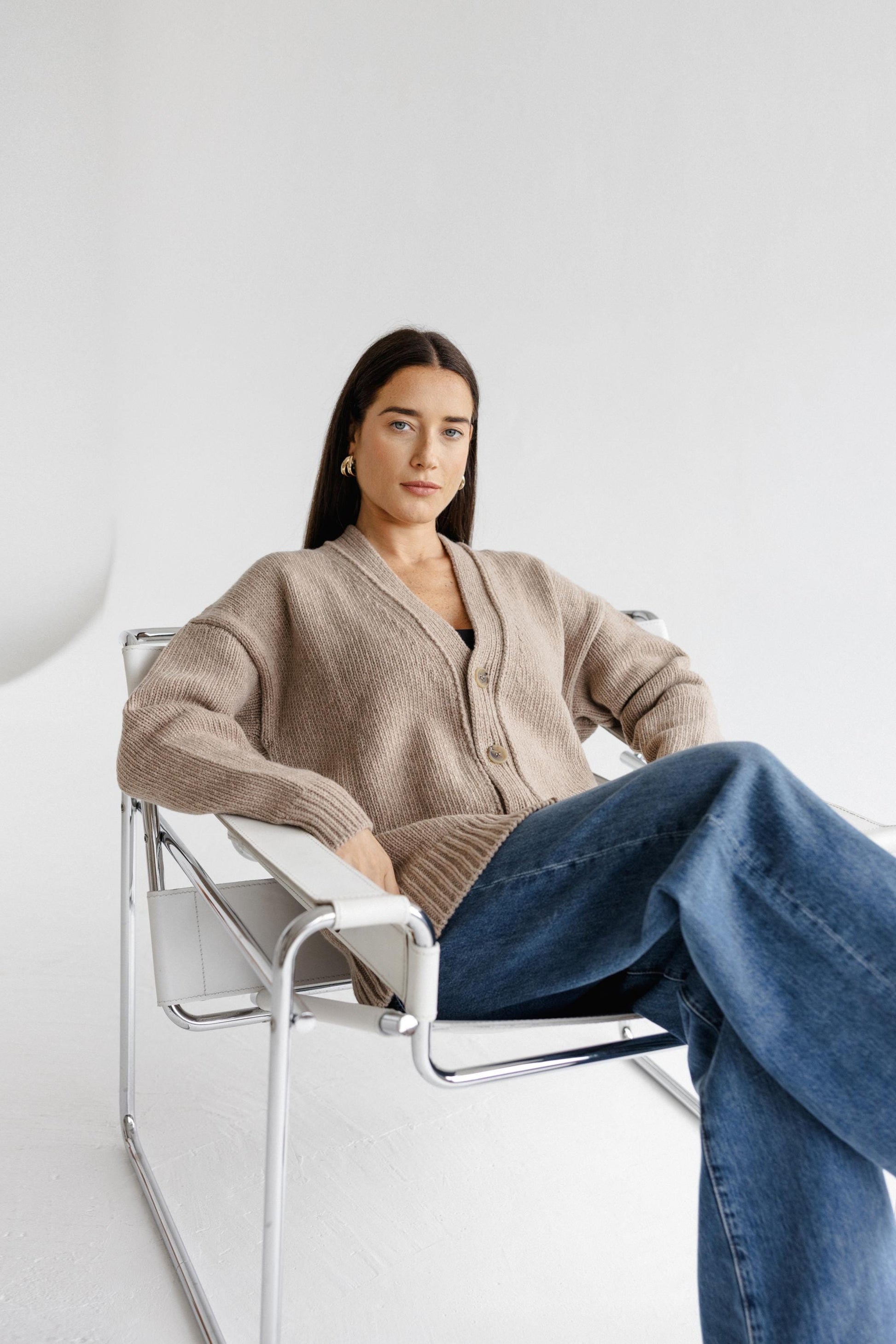 Taupe Chunky Knitted Merino Wool Unisex Cardigan With Buttons, Beige Oversized Cable Knit V-neck Woolen Sweater, Matching Man And Woman Set