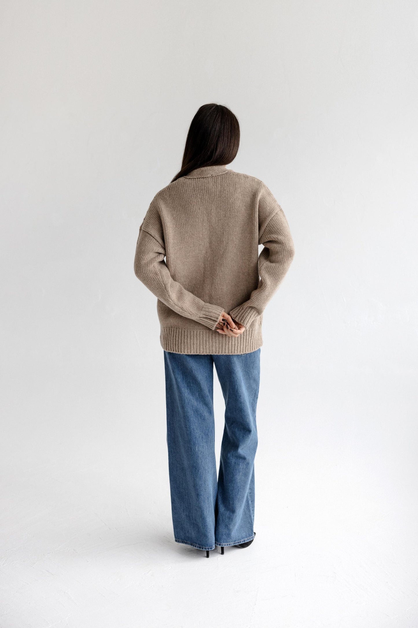 Taupe Chunky Knitted Merino Wool Unisex Cardigan With Buttons, Beige Oversized Cable Knit V-neck Woolen Sweater, Matching Man And Woman Set