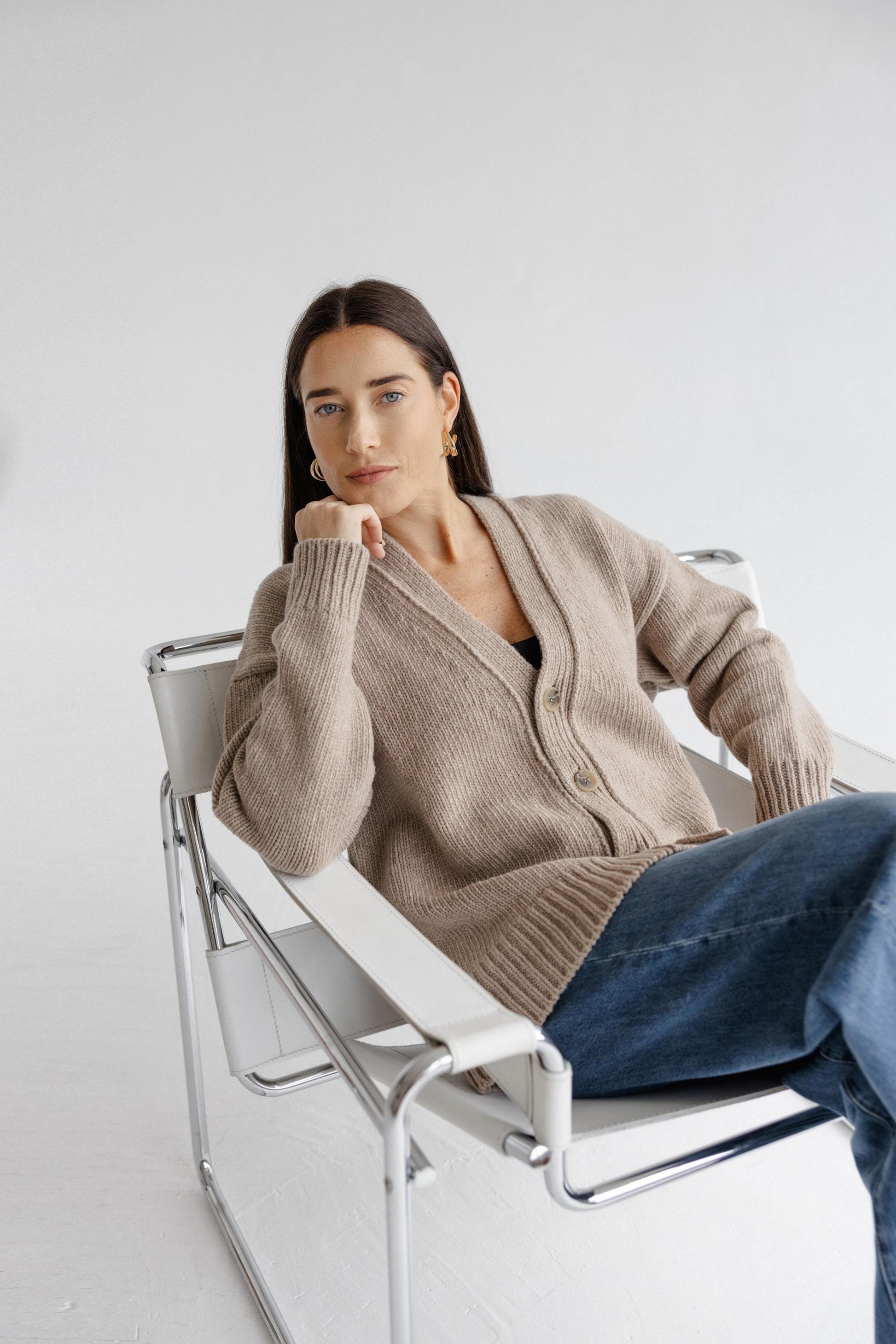 Taupe Chunky Knitted Merino Wool Unisex Cardigan With Buttons, Beige Oversized Cable Knit V-neck Woolen Sweater, Matching Man And Woman Set