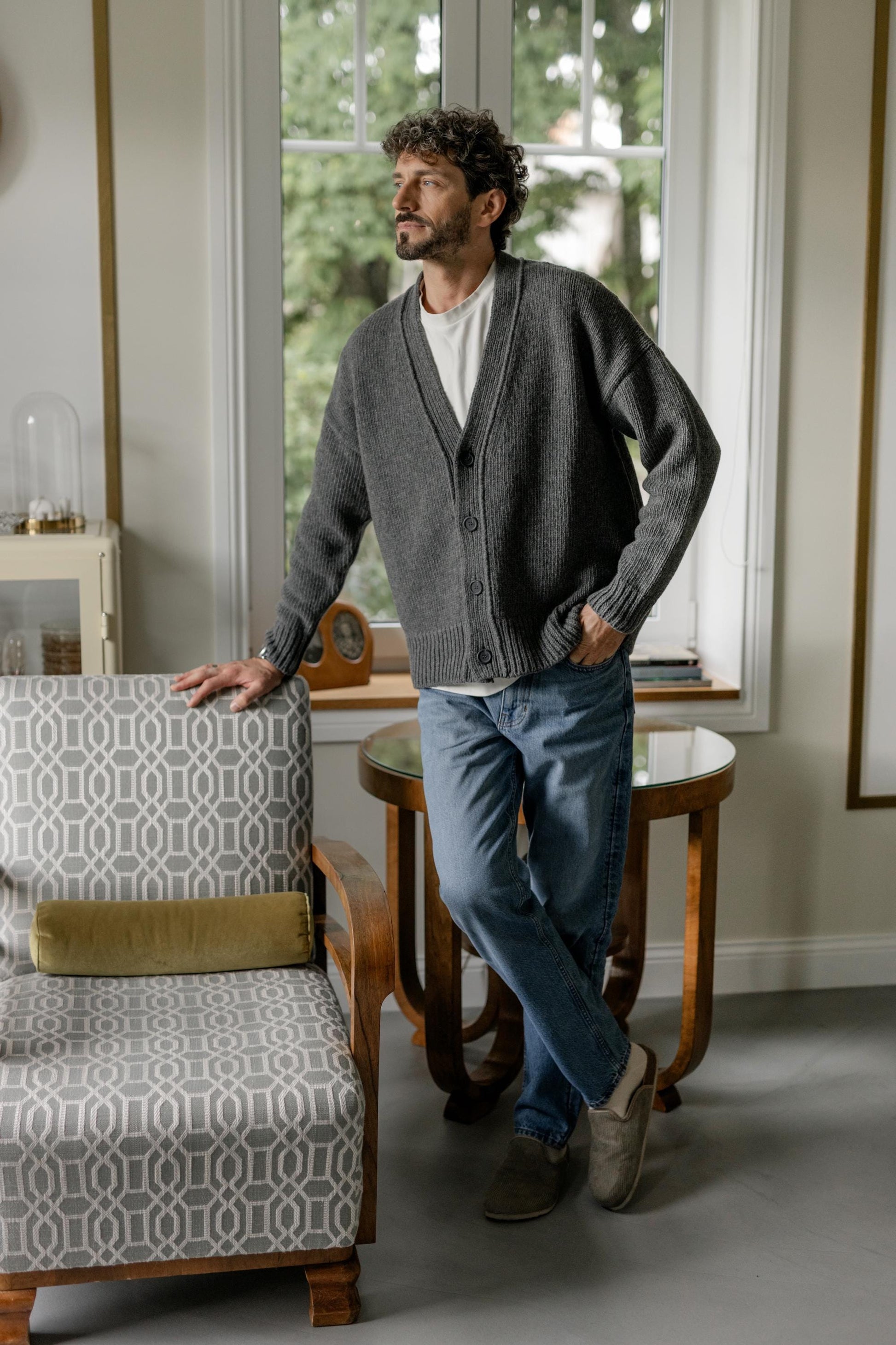 Gray Chunky Knitted Merino Wool Matching Couple Cardigans With Buttons Set, Grey Oversized Cable Knit V-neck Woolen Relaxed Family Outfit