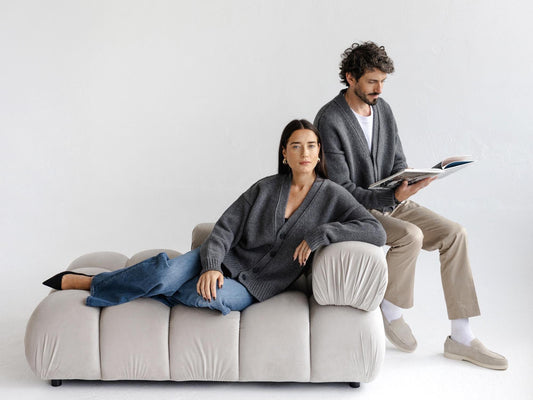 Gray Chunky Knitted Merino Wool Matching Couple Cardigans With Buttons Set, Grey Oversized Cable Knit V-neck Woolen Relaxed Family Outfit